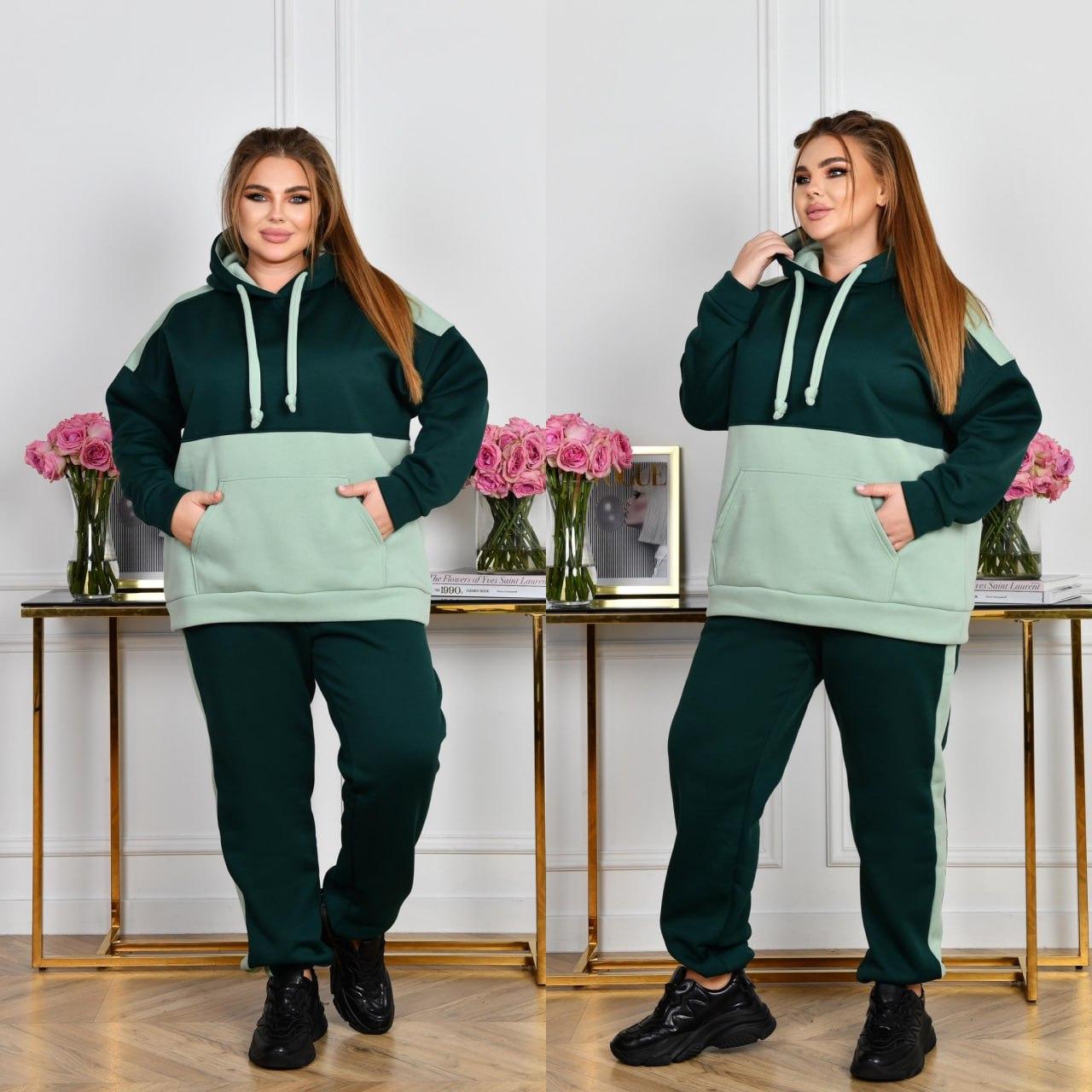 Жіночий зимовий спортивний костюм на флісі, широкі кофта з капюшоном і штани з кишенями, батал великі розміри, фото 1