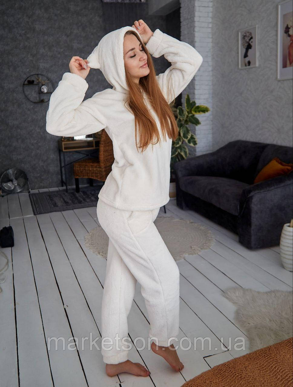 Жіноча піжама махрова тепла з вушками, домашній костюм р. S,M,L,XL