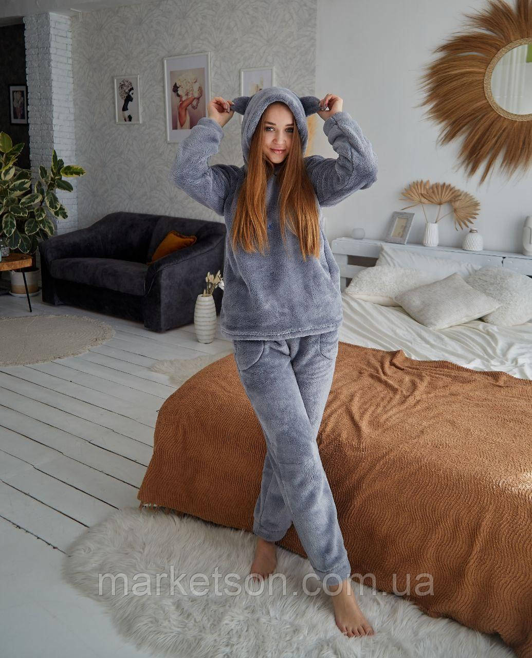 Жіноча піжама махрова тепла з вушками, домашній костюм р. S,M,L,XL