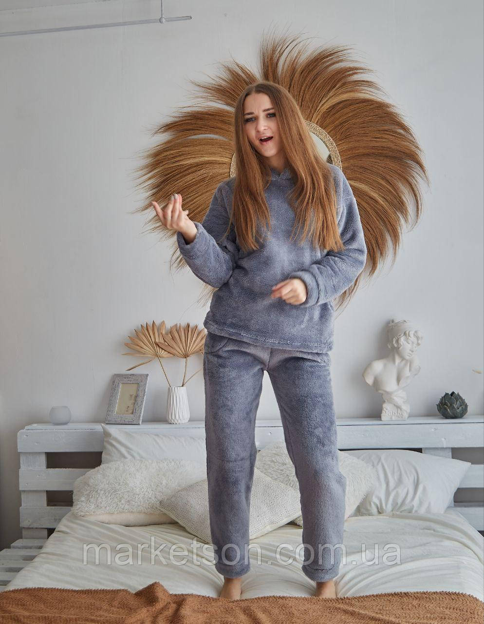 Жіноча піжама махрова тепла з вушками, домашній костюм р. S,M,L,XL