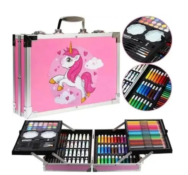 Дитячий набір для творчості в алюмінієвій валізі "Єдиноріг" 145 предметів Рожевий, фото 1