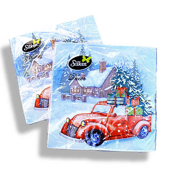 Новорічні паперові серветки Silken "Ялинка в дорозі'" 3 шари 18 штук