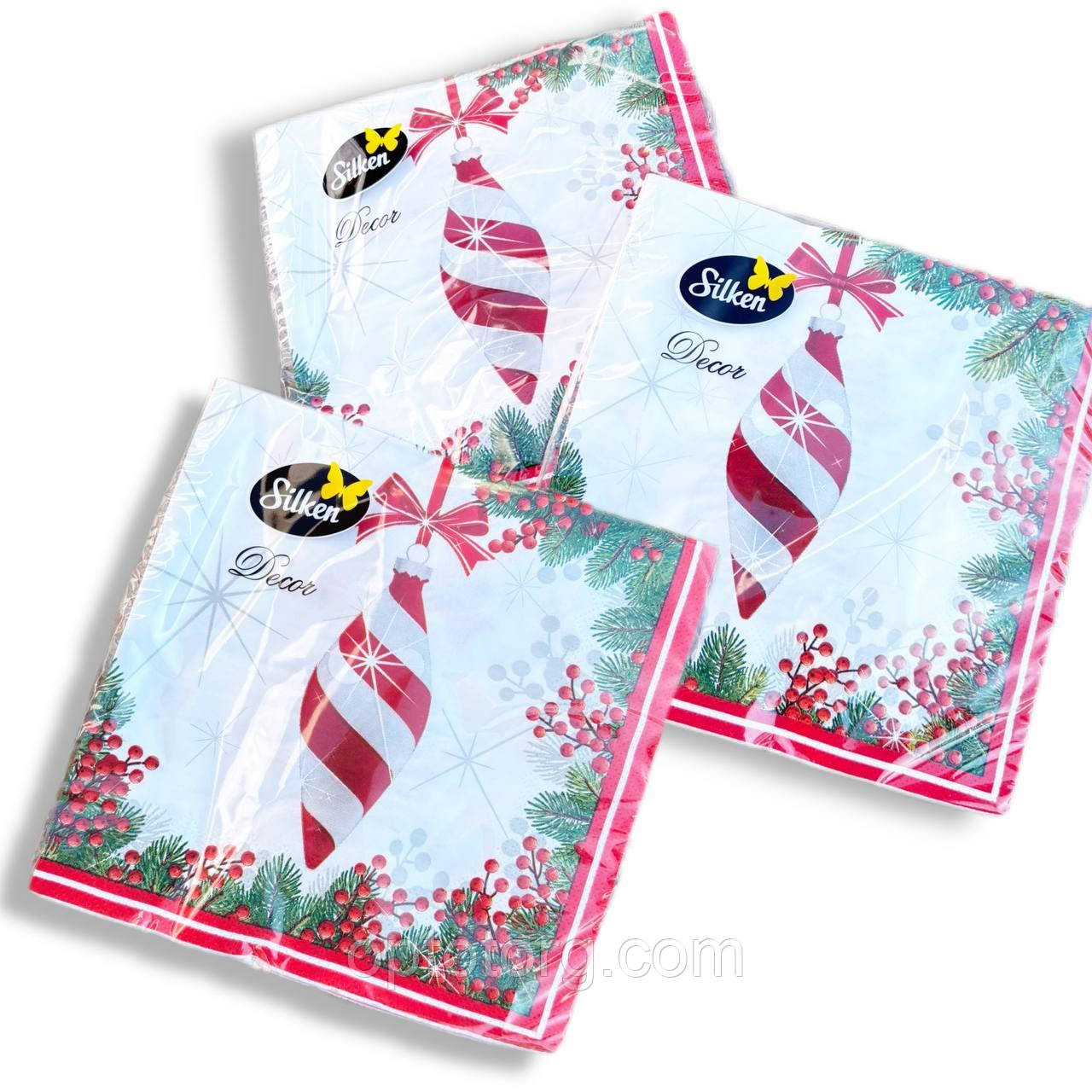 Новорічні паперові серветки Silken "Ялинкова гілка з іграшкою" 3 шари 18 штук, фото 1