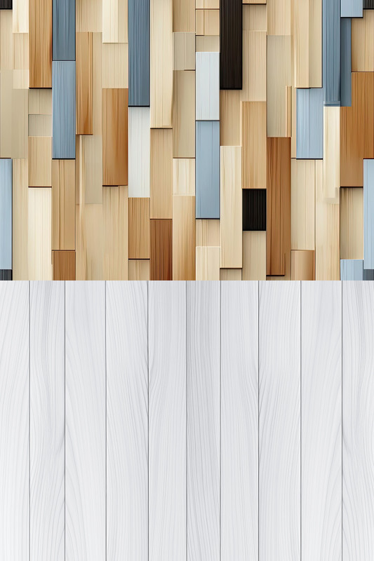 Фотофон вініловий сучасний, багатокольорова дерев’яна стіна і біла дощата підлога, фон для зйомки 60×90 см, №57102, фото 1