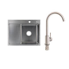 Готове рішення для кухні: Lidz Handmade H6350L Мийка інтегрована крило зліва Brushed Steel+Lidz Aria 015F Змішувач для кухні (k35)