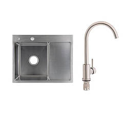 Готове рішення для кухні: Lidz Handmade H6350R Мийка інтегрована крило зправа Brushed Steel+Lidz Aria 015F Змішувач для кухні