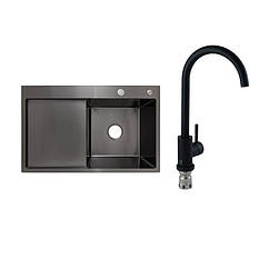 Готове рішення для кухні: Lidz Handmade H7849BL Мийка інтегрована крило зліва Brushed Black PVD+Lidz Aria 015F Змішувач для кухні