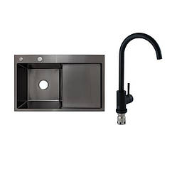 Готове рішення для кухні: Lidz Handmade H7849BR Мийка інтегрована крило зправа Brushed Black PVD+Lidz Aria 015F Змішувач для кухні