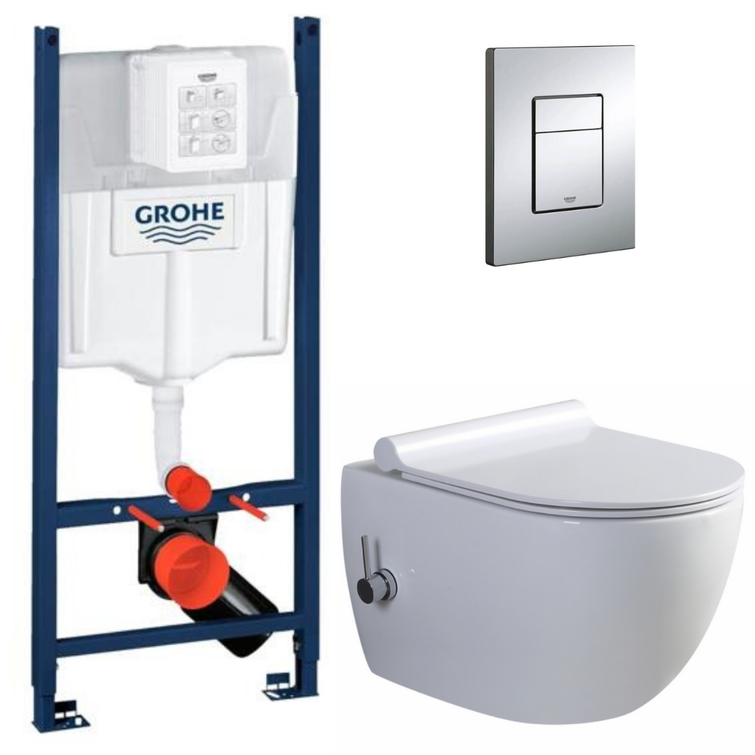 Інсталяція Grohe з хром клавішею + унітаз з функцією біде Round Pro безобідковий підвісний