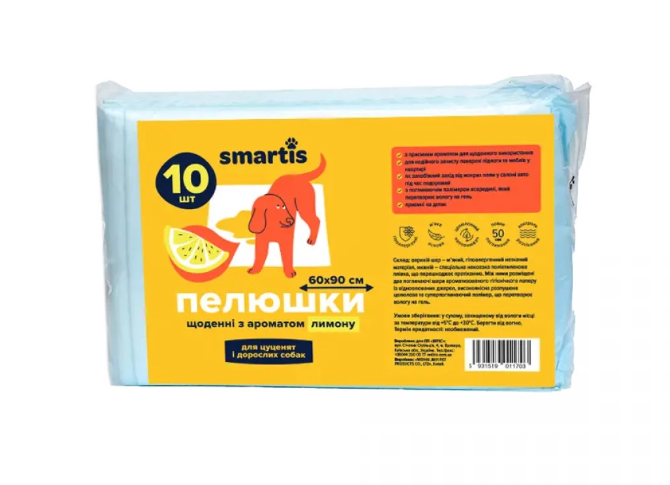Пелюшки щоденні Smartis для собак, з ароматом лимону, 60×90 см, 10 шт, фото 1