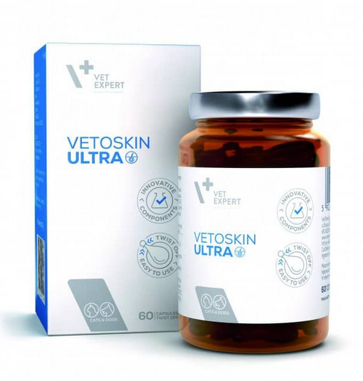 VetExpert VetoSkin Ultra харчова добавка для підтримки і регенерації шкіри і шерсті у котів і собак 60 капсул