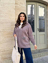 Жіноча тепла м'яка кофта альпака оверсайз на блискавці з великими кишенями та капюшоном Колір Капучино