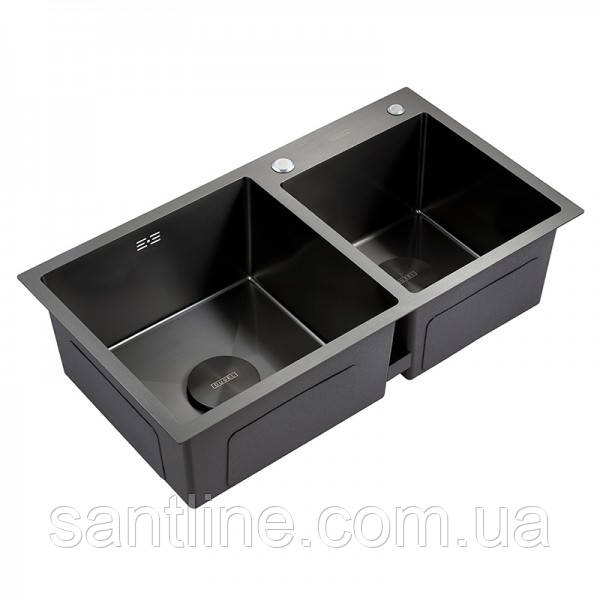 Кухонна мийка правосторонняя DUSEL з нержавіючої сталі SS304 DS50878-2RN 78х43х22 з PVD покриттям Nano Black, фото 1