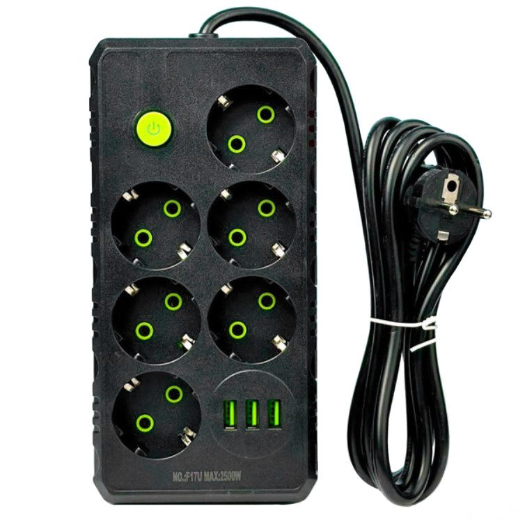 Подовжувач мережевий UA Power F17U 3USB на 6 розеток, 2 м, чорний, фото 1
