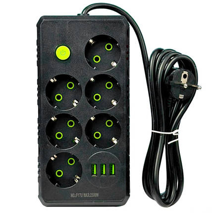 Подовжувач мережевий UA Power F17U 3USB на 6 розеток, 2 м, чорний, фото 1