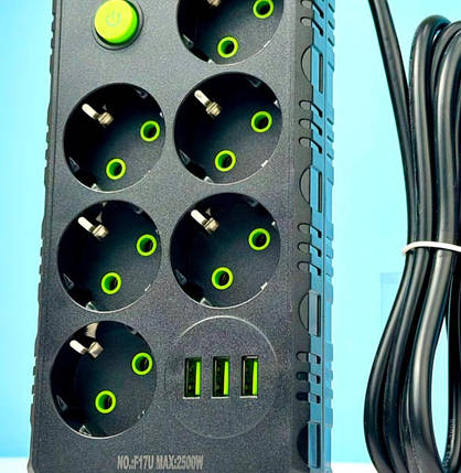 Подовжувач мережевий UA Power F17U 3USB на 6 розеток, 2 м, чорний, фото 2