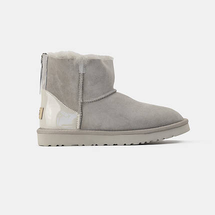Зимові Жіночі Черевики UGG Classic Mini Zip Lacquer Grey / Уггі Класик Міні Зіп Лакер Сірі (Хутро), фото 1