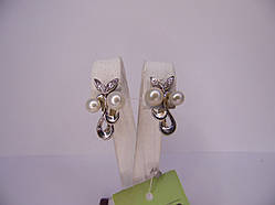 Золоті жіночі сережки з діамантами та перлами, вага 4,9 г Біле золото