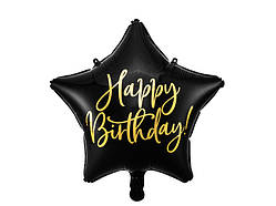 Фольгована кулька зірка Happy Birthday чорний PartyDeco 40см уп П