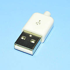 Штекер USB-А на кабель з корпусом (глянц. пластік), білий 1-1001