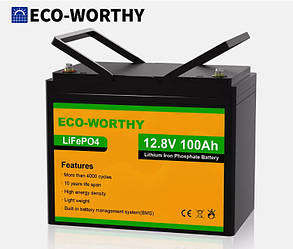 Компактна аккумуляторна батарея Eco-Worthy 12V 100AH LiFePO4 BMS 4000+ циклів
