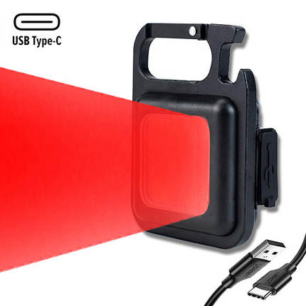 Брелок ліхтарик з червоним розсіювачем, акумуляторний, Type-C, з магнітом та карабіном, фото 1