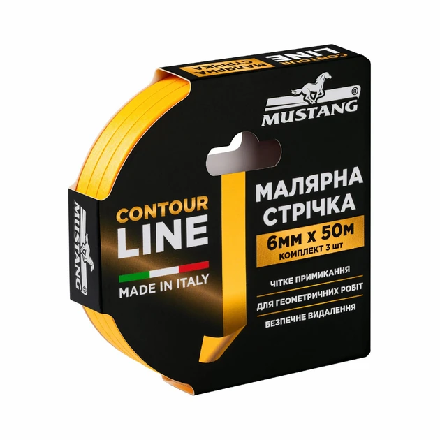 Малярна стрічка Mustang CONTOUR LINE 6мм*50м жовта комплект 3 шт