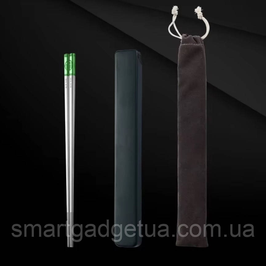 Преміум Китайські Палички для їжі в комплекті з Кейсом та Чохлом / Green / нержавіюча сталь 316L