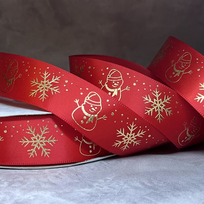 Атласна стрічка 2,5 см Сніговик, колір- червоний, метр, Червоний, фото 1