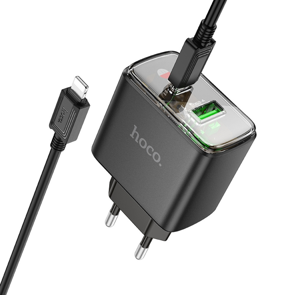 TU Мережевий зарядний пристрій Hoco CS42A USB/Type-C PD 30W QC black + кабель Type-C to Lightning
