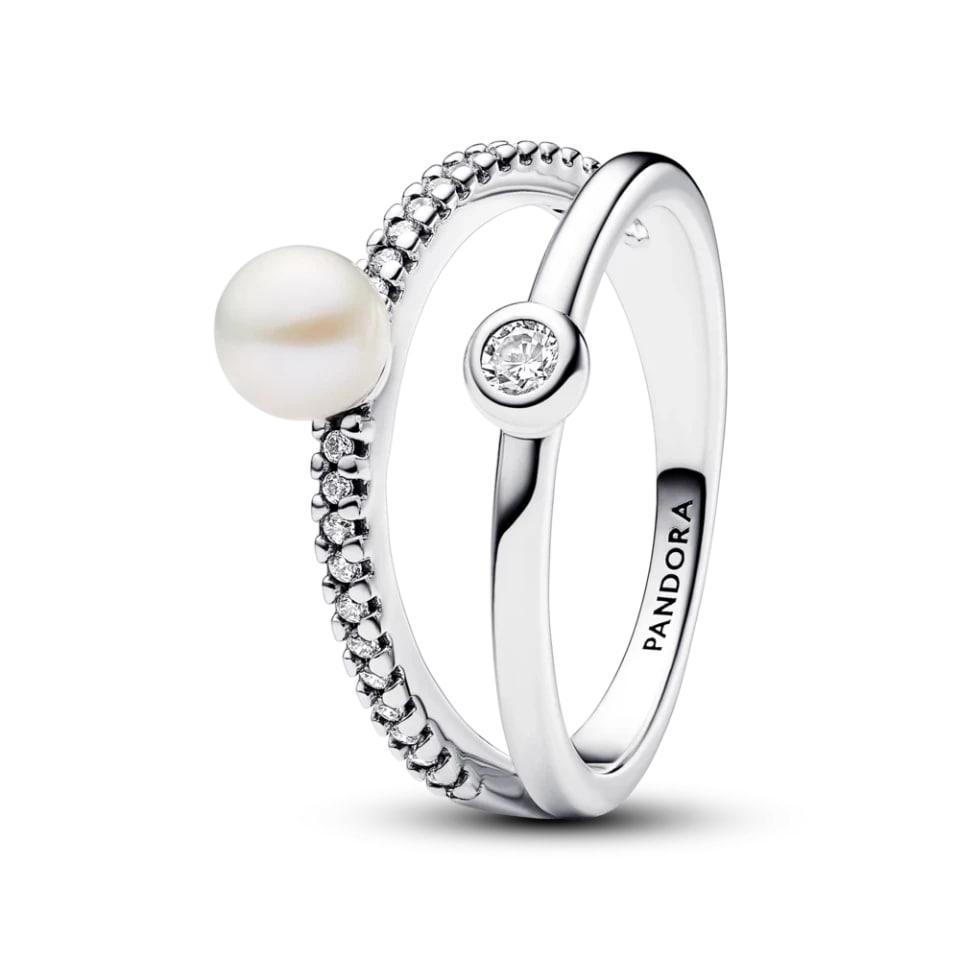 Срібне кільце Pandora подвійне з перлиною і паве 193147C01 50, фото 1