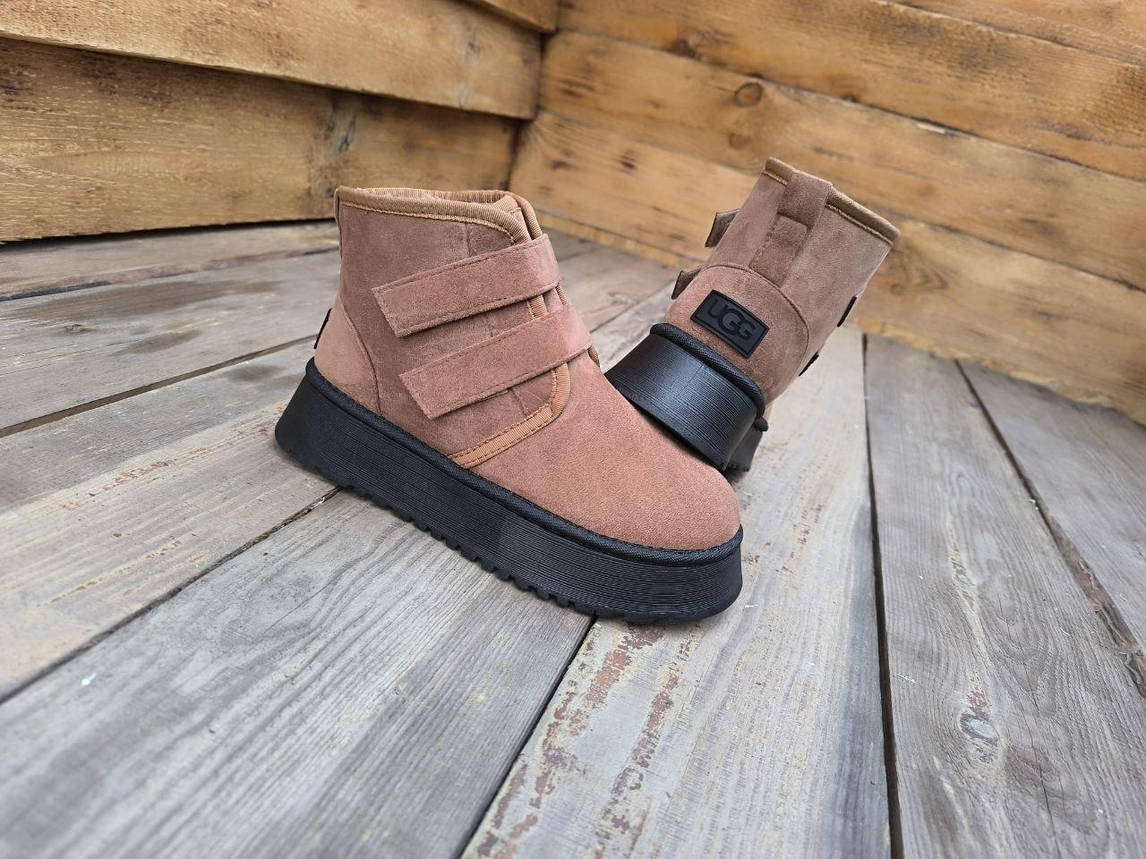 Ботиночки UGG угги КОРИЧНЕВЫЕ рыжие CAMEL средней высоты (16.5 см) на липучках высокая платформа, фото 1