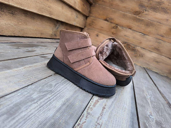 Ботиночки UGG угги КОРИЧНЕВЫЕ рыжие CAMEL средней высоты (16.5 см) на липучках высокая платформа, фото 3