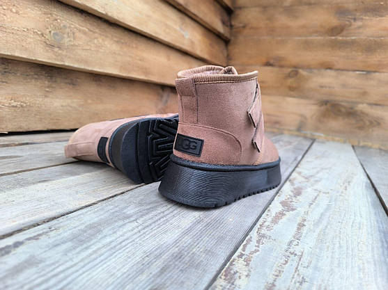 Ботиночки UGG угги КОРИЧНЕВЫЕ рыжие CAMEL средней высоты (16.5 см) на липучках высокая платформа, фото 4