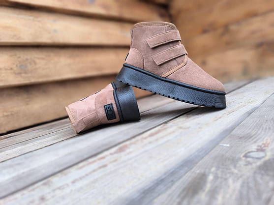 Ботиночки UGG угги КОРИЧНЕВЫЕ рыжие CAMEL средней высоты (16.5 см) на липучках высокая платформа, фото 6
