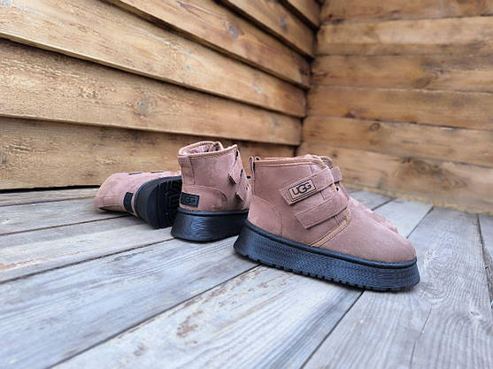 Ботиночки UGG угги КОРИЧНЕВЫЕ рыжие CAMEL средней высоты (16.5 см) на липучках высокая платформа, фото 4
