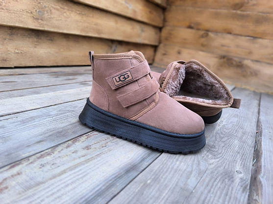 Ботиночки UGG угги КОРИЧНЕВЫЕ рыжие CAMEL средней высоты (16.5 см) на липучках высокая платформа, фото 3