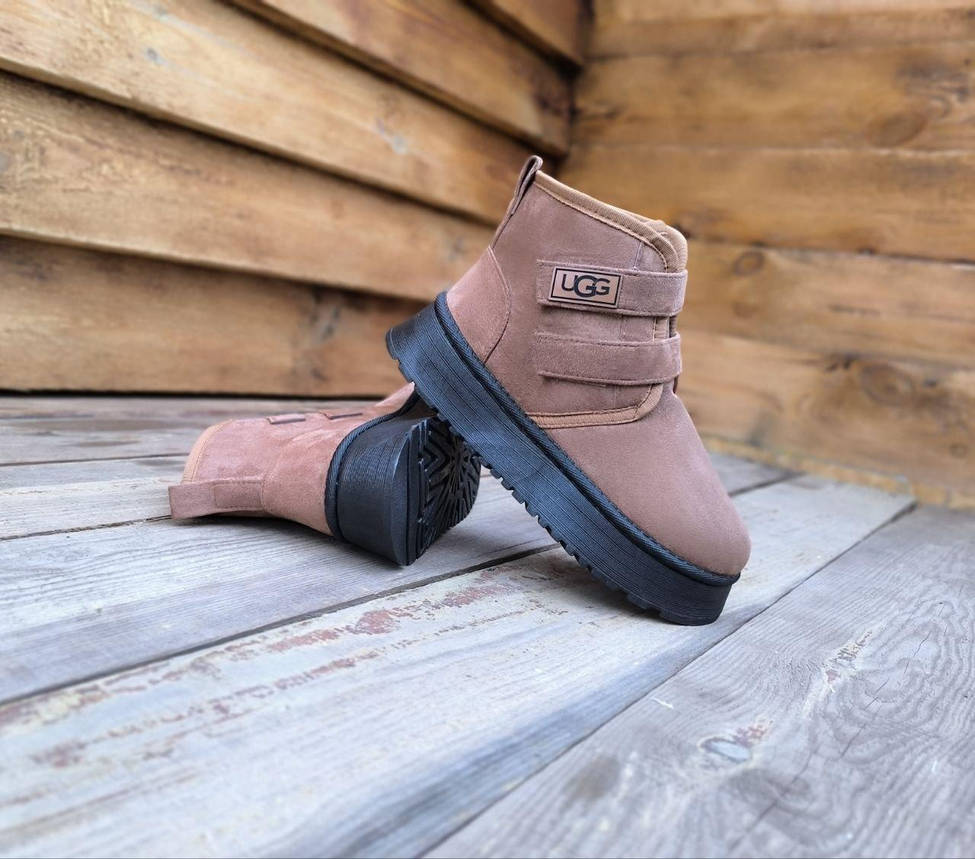 Ботиночки UGG угги КОРИЧНЕВЫЕ рыжие CAMEL средней высоты (16.5 см) на липучках высокая платформа, фото 1