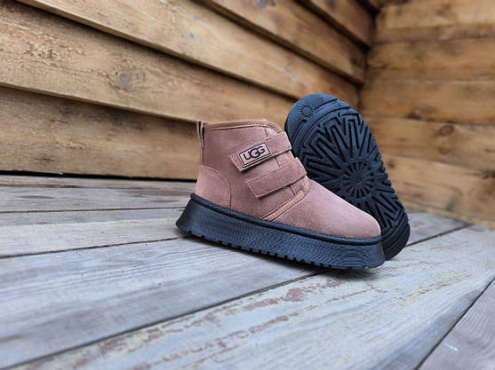 Ботиночки UGG угги КОРИЧНЕВЫЕ рыжие CAMEL средней высоты (16.5 см) на липучках высокая платформа, фото 5