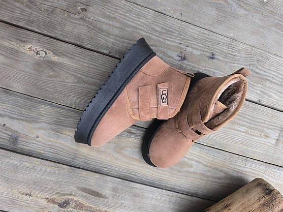 Ботиночки UGG угги КОРИЧНЕВЫЕ рыжие CAMEL средней высоты (16.5 см) на липучках высокая платформа, фото 6