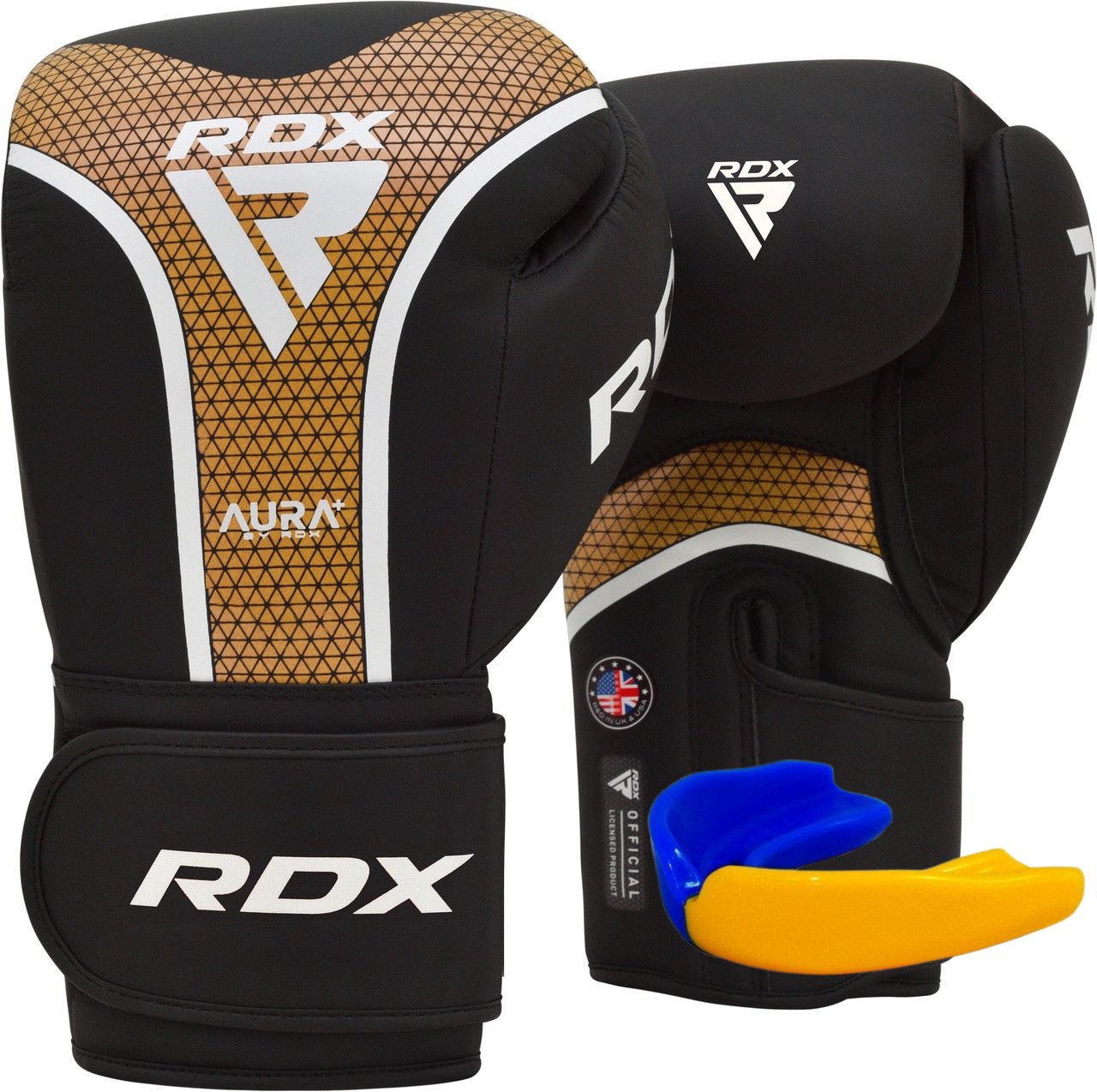 Боксерські рукавиці RDX AURA PLUS T-17 Black Golden 14 унцій (капа в комплекті)