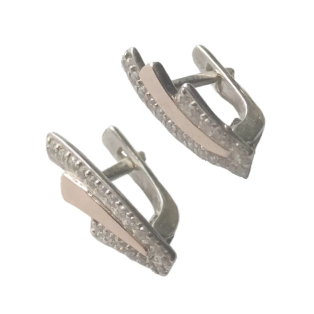 Срібні сережки з золотими пластинами і фіанітом сс 499 з.нак, фото 1