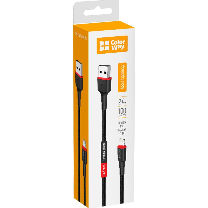 Кабель ColorWay USB - Apple Lightning (nylon - red head) 2.4А 1м чорний (CW-CBUL064-BK)
