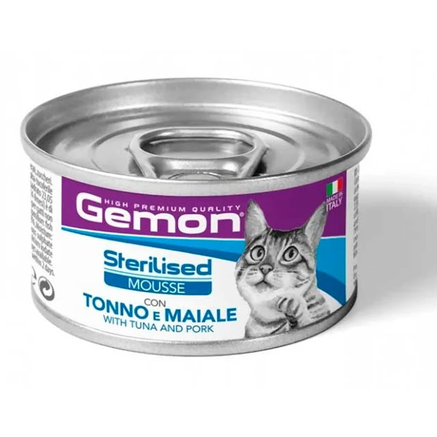 Вологий корм для стерилізованих кішок Gemon Adult Sterilised Mousse Мус з тунцем та свининою, 85 гр