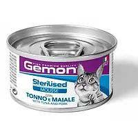 Вологий корм для стерилізованих кішок Gemon Adult Sterilised Mousse Мус з тунцем та свининою, 85 гр