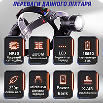 Наборный фонарь XQ-218-HP50 с индикацией заряда регулируемым наклоном и USB зарядкой, фото 3