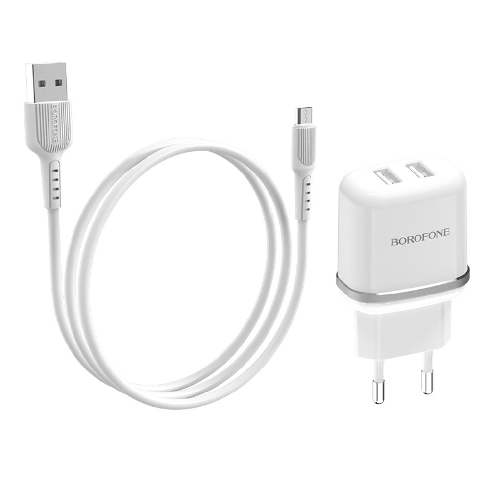 Мережевий зарядний пристрій Borofone BA25A 2 USB білий + кабель USB to MicroUSB, фото 1