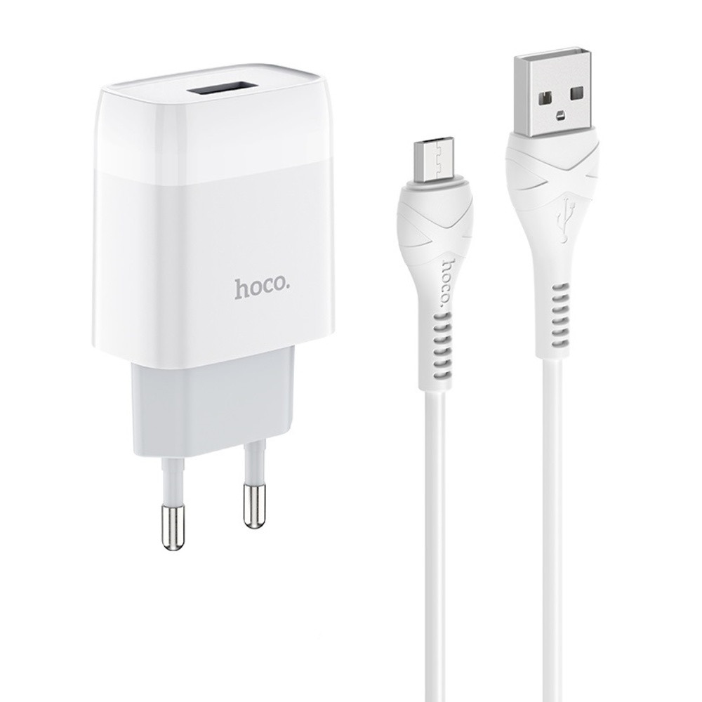 Мережевий зарядний пристрій Hoco C72A USB білий + кабель USB to MicroUSB, фото 1