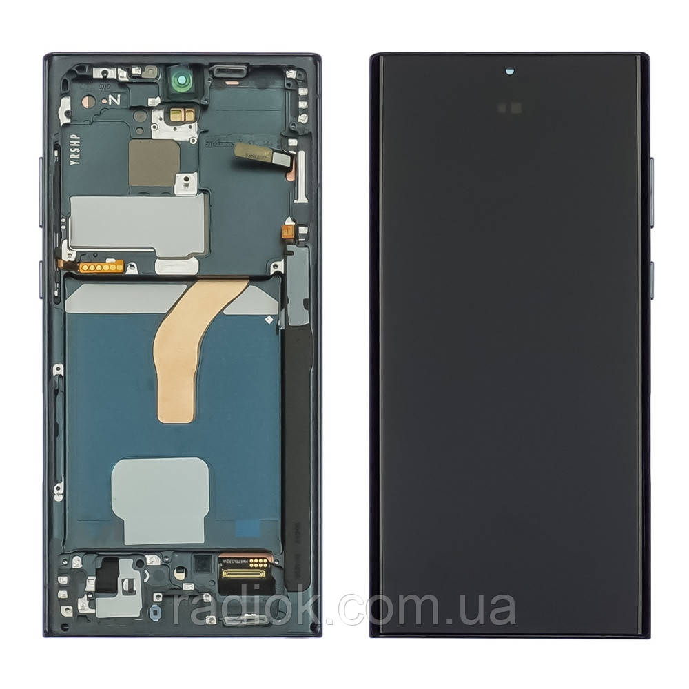 Дисплей для Samsung S908B Galaxy S22 Ultra з чорним тачскрином і зеленою корпусною рамкою OLED