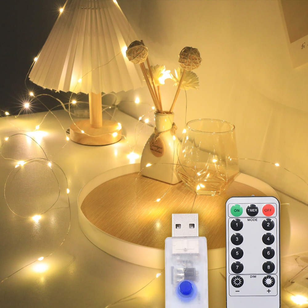 Світлодіодна гірлянда USB, мідна нитка, теплий білий, 10 м, 100 світлодіодів, 8 режимів, з пультом, фото 1